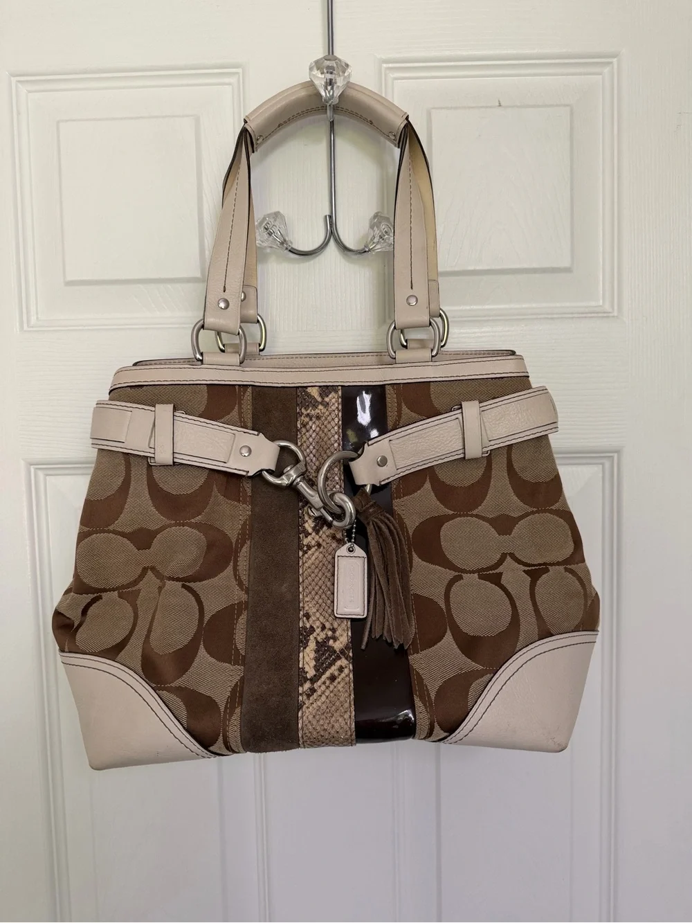 Coach Brown Signature Canvas Shoulder Bag with Cream Trim